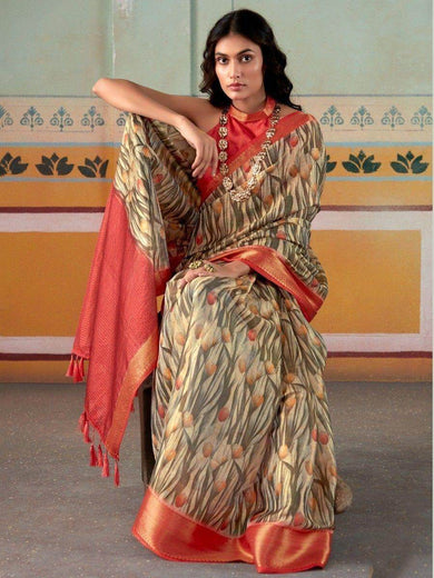 Fabulous Cream Floral Printed Silk Function Wear Saree With Blouse